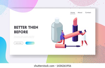 Women Hold Huge Mascara Tube in Beautician Parlor. Female Characters Testing Skin Care Products in Beauty Salon. Makeup Courses Website Landing Page, Web Page. Cartoon Flat Vector Illustration, Banner