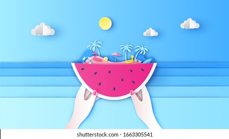 Frauen halten ein Stück Wassermelone vor der Insel unter dem sommerlichen Meerblick. Sommerseelandschaft. Papierschnitt und handwerklicher Stil. Vektorillustration, Illustration.