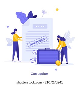 Women holding approved contract and briefcase full of money. Concept of political or government corruption, financial fraud, bribery and embezzlement. Modern flat vector illustration for banner.