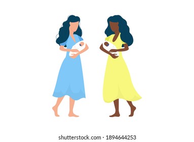 Women holding a baby on flat style vector illustration. Afro American female with a child, flat style. Happiness and parenthood concept. Female mother, nurse holding a newborn. Day-care center design.