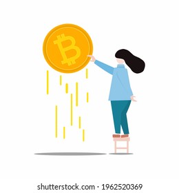 Women holding bitcoins, Bitcoin saving and money saving ideas, online money exchange, cryptocurrency exchange ideas and exchange rate charts. Vector illustration