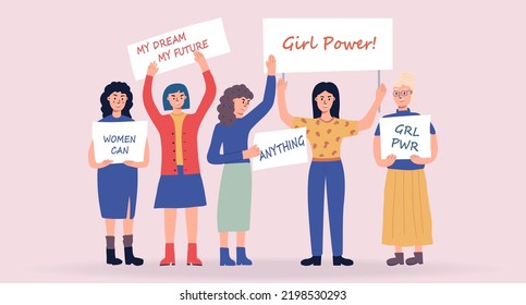 Women holding blank placards. Protest for rights and social equality. Feminism Girl Power. Participating in a peaceful demonstration. Vector flat.