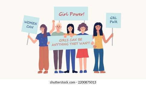 Women holding blank placards. Protest for rights and social equality. Feminism Girl Power. Participating in a peaceful demonstration. Vector flat.