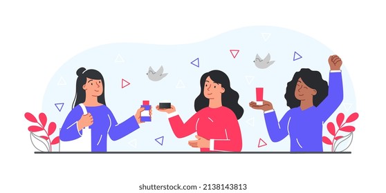 Women holding cosmetics. Girls with tubes of skin creams. Beauty and hygiene. Advertising poster or banner for website. Girlfriends talk about their purchases. Cartoon flat vector illustration