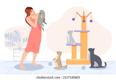 women holding cute cats. Lady with Her cats, modern vector illustration concept of the home office. 