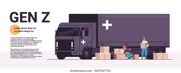 women holding donation help boxes with medical supplies near electric cargo van humanitarian aid material assistance generation Z