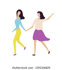 Women holding each other hands, portrait and full length view of moving girls, female characters dancing, people movement, dancer hen-party vector