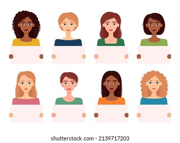 Women holding empty placards. Beautiful girls demonstrating empty banners. Demonstration and protest concept. Vector illustration

