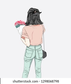 Women holding flowers to surprise her lover on Valentine's Day.Doodle art concept,illustration painting