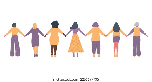 Women are holding hands. Back view. International Women's Day concept. Women's community. Female solidarity. Vector illustration