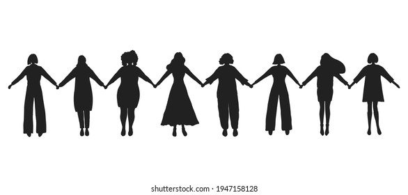 Women holding hands. Black silhouettes of women. International Women's Day concept. Women's community. Female solidarity. Silhouettes of Women of different races. Vector illustration