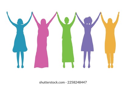 Women holding hands. Colored silhouettes of women. International Women's Day concept. Women's community. Female solidarity. Silhouettes of women of different races. Vector illustration.