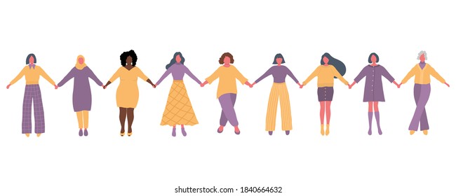 Women are holding hands. International Women's Day concept. Women's community. Female solidarity. Women silhouettes of different races, different ages. Vector illustration