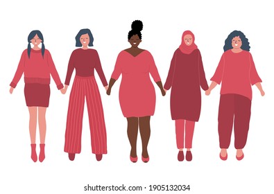 Women holding hands. International Women's Day concept. Women's community. Female solidarity. Silhouettes of Women of different races. Vector illustration.