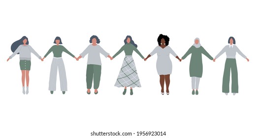 Women are holding hands. International Women's Day concept. Women's community. Female solidarity. Women silhouettes of different races, different ages. Vector illustration.