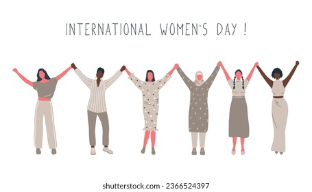 Women are holding hands. International Women's Day concept. Women's community. Female solidarity. Diverse group of women. Vector illustration