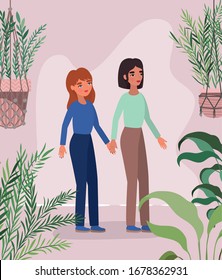 Women holding hands leaves and plants design of empowerment female power feminist people gender feminism young rights protest and strong theme Vector illustration