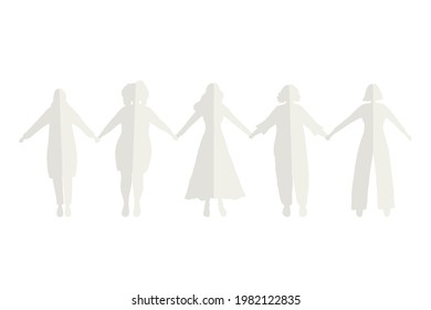 Women holding hands. Paper silhouettes of women. Women's community. Female solidarity. International Women's Day concept. Silhouettes of Women of different races. Vector illustration