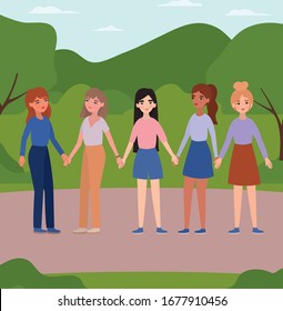 Women holding hands at park design of empowerment female power feminist people gender feminism young rights protest and strong theme Vector illustration