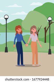 Women holding hands at park design of empowerment female power feminist people gender feminism young rights protest and strong theme Vector illustration