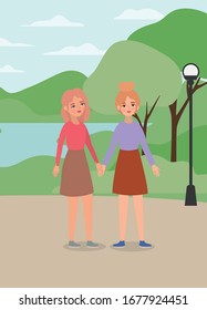 Women holding hands at park design of empowerment female power feminist people gender feminism young rights protest and strong theme Vector illustration