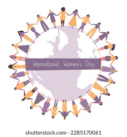 Las mujeres se toman de las manos, se paran alrededor del mapa del mundo.  Concepto del Día Internacional de la Mujer. La comunidad de mujeres. Solidaridad femenina. Grupo multicultural de mujeres. Ilustración del vector 