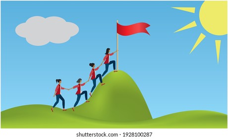 Women holding hands, supporting each other to reach goal. Success indicates by  putting red flag down on top of a hill. Vector illustration.