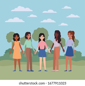 Women holding hands trees and clouds design of empowerment female power feminist people gender feminism young rights protest and strong theme Vector illustration