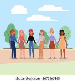 Women holding hands trees and clouds design of empowerment female power feminist people gender feminism young rights protest and strong theme Vector illustration