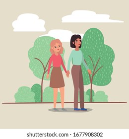 Women holding hands trees shrubs and clouds design of empowerment female power feminist people gender feminism young rights protest and strong theme Vector illustration