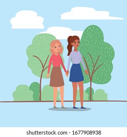 Women holding hands trees shrubs and clouds design of empowerment female power feminist people gender feminism young rights protest and strong theme Vector illustration