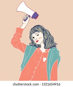 Women holding Megaphones are being announced in public places.She holds a mic and wears a vest in a lifestyle style.Doodle art concept,illustration painting