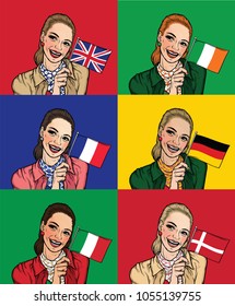 Women holding national flag of United Kingdom, Italy, France, Germany, Denmark. Illustration for the nation day and other holidays. Travel and Tourism concept. Vector illustration.