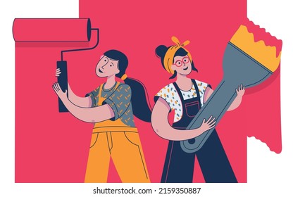 Women Holding Paint Roller And Brush In Hand And Painting The Wall. Female Professional Painter. Decorator Job, Interior Renovation Service. Flat Vector Illustration