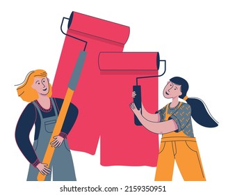 Women Holding Paint Roller In Hand And Painting The Wall. Female Professional Painter. Decorator Job, Interior Renovation Service. Flat Vector Illustration