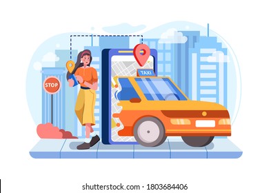 Women holding phone with location mark of smart electric car in the modern city skyline.