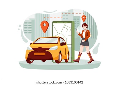 Women holding phone with location mark of smart electric car in the modern city skyline.