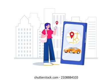 Women holding a phone with location mark of a smart electric car in the modern city skyline