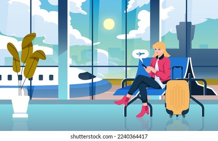 Women holding phone waiting to board and sitting in the airport terminal hall at noon. Travel vacation vector illustration