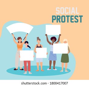 women with holding placards at a social protest vector illustration design