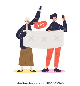 Women holding political banners, activists with strike manifestation signs. Human right protest or demonstration concept. Feminism revolution. Flat vector illustration
