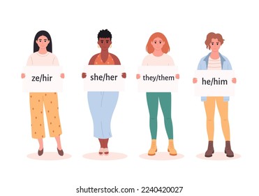 Women holding sign with gender pronouns. She, he, they, ze, non-binary. Gender-neutral movement. LGBTQ community. Hand drawn vector illustration