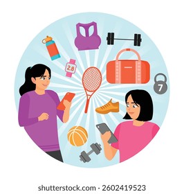 Women holding smartphone and checking fitness Apps with sports equipment in circular design. a modern and active lifestyle focused on health and exercise. Healthy lifestyle concept.
