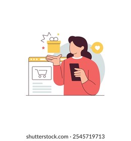 A women holding a smartphone is shopping online and get gift from online store. Online shop flat vector illustration concept