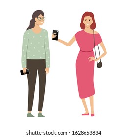 Women holding smartphones. Taking selfie. Vector illustration