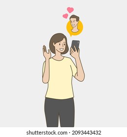 Women holding smartphones and talking with boyfriend. Hand draw style. Vector illustration.