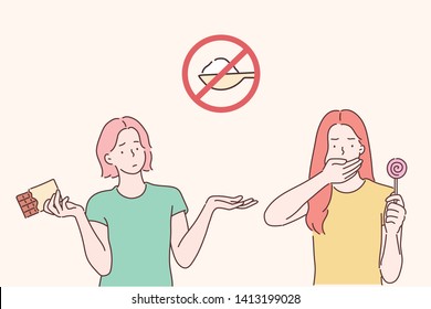 Women Holding Sweets. No sugar. Hand drawn style vector design illustrations.