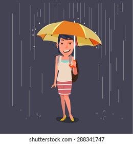 women holding umbrella in raining. character design. season concept - vector illustration