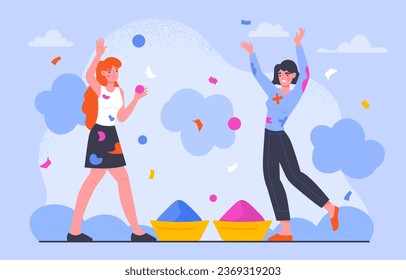 Women with holi concept. Young girls near blue and violet paintings. International holiday and festival. Poster or banner for website. Entertainment and leisure. Cartoon flat vector illustration