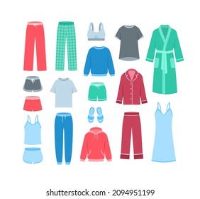 Women home clothes. Flat vector illustration. Comfortable loungewear garments to wear at home. Pants, shirts, pajamas, bathrobe, cozy sweatshirts, sweatpants and slippers. Different female clothing